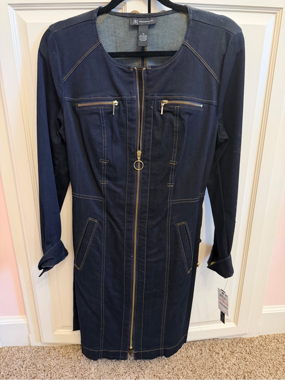 INC International Concepts Denim Zip-Front Long Sleeve Dress